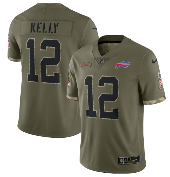 Men's Buffalo Bills #12 Jim Kelly Olive 2022 Salute To Service Limited Stitched Jersey