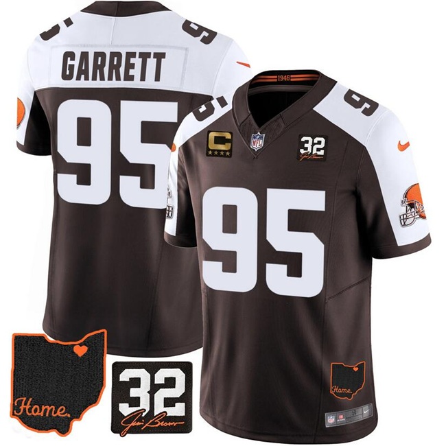 Men's Cleveland Browns #95 Myles Garrett Brown Alternate 2025 F.U.S.E. 4-Star C Patch With Jim Brown Memorial & Home Patch Vapor Limited Stitched Football Jersey Men's Cleveland Browns #95 Myles Garrett Brown Alternate 2025 F.U.S.E. 4-Star C Patch With Jim Brown Memorial & Home Patch Vapor Limited Stitched Football Jersey