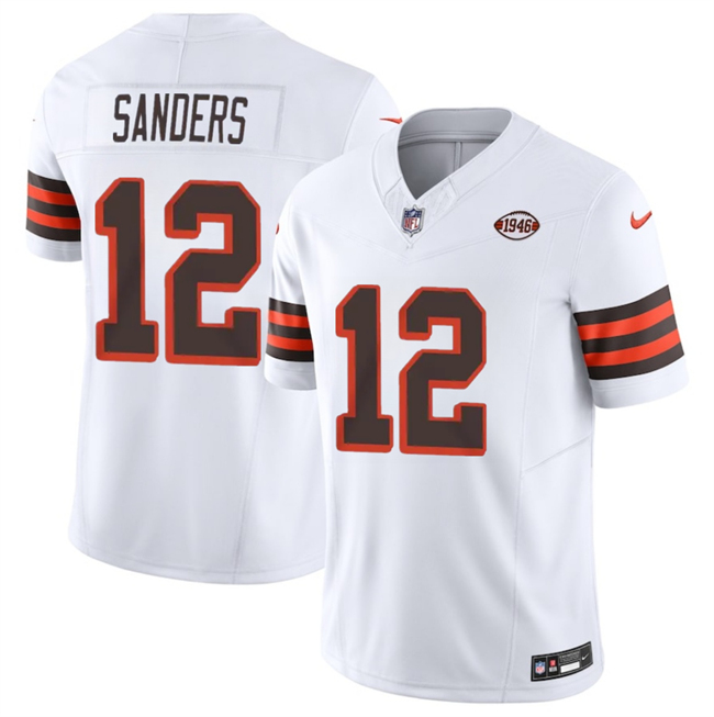 Men's Cleveland Browns #12 Shedeur Sanders White 2025 Draft 1946 Collection F.U.S.E. Vapor Limited Stitched Football Jersey Men's Cleveland Browns #12 Shedeur Sanders White 2025 Draft 1946 Collection F.U.S.E. Vapor Limited Stitched Football Jersey