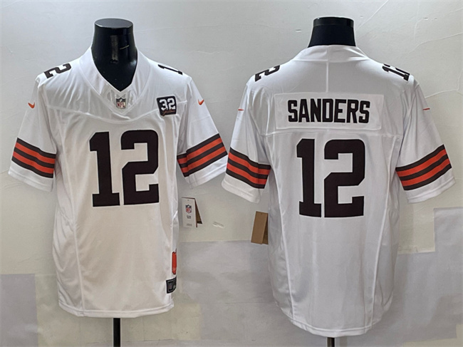 Men's Cleveland Browns #12 Shedeur Sanders White 2025 Draft F.U.S.E. With Jim Brown Memorial & Home Patch Vapor Limited Stitched Football Jersey Men's Cleveland Browns #12 Shedeur Sanders White 2025 Draft F.U.S.E. With Jim Brown Memorial & Home Patch Vapor Limited Stitched Football Jersey