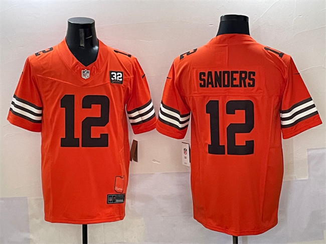 Men's Cleveland Browns #12 Shedeur Sanders Orange 2025 Draft F.U.S.E. With Jim Brown Memorial & Home Patch Vapor Limited Stitched Football Jersey Men's Cleveland Browns #12 Shedeur Sanders Orange 2025 Draft F.U.S.E. With Jim Brown Memorial & Home Patch Vapor Limited Stitched Football Jersey