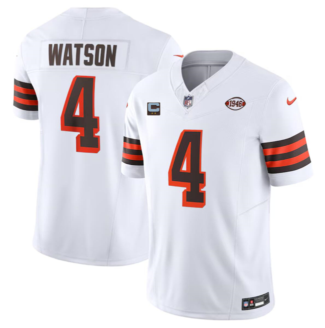 Men's Cleveland Browns #4 Deshaun Watson White 2024 F.U.S.E. With 2-Star C Patch 1946 Collection Vapor Untouchable Limited Stitched Jersey Men's Cleveland Browns #4 Deshaun Watson White 2024 F.U.S.E. With 2-Star C Patch 1946 Collection Vapor Untouchable Limited Stitched Jersey