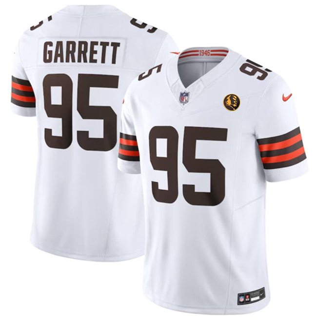 Men's Cleveland Browns #95 Myles Garrett White 2023 F.U.S.E. With John Madden Patch Vapor Limited Stitched Football Jersey Men's Cleveland Browns #95 Myles Garrett White 2023 F.U.S.E. With John Madden Patch Vapor Limited Stitched Football Jersey