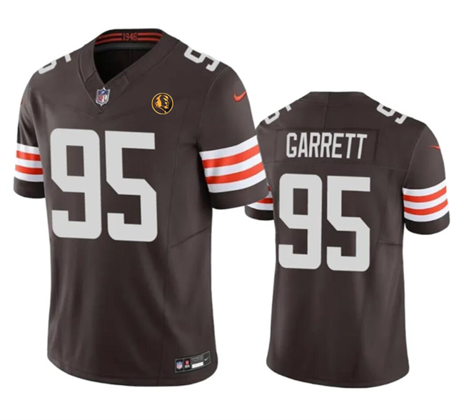 Men's Cleveland Browns #95 Myles Garrett Brown 2023 F.U.S.E. With John Madden Patch Vapor Limited Stitched Football Jersey Men's Cleveland Browns #95 Myles Garrett Brown 2023 F.U.S.E. With John Madden Patch Vapor Limited Stitched Football Jersey