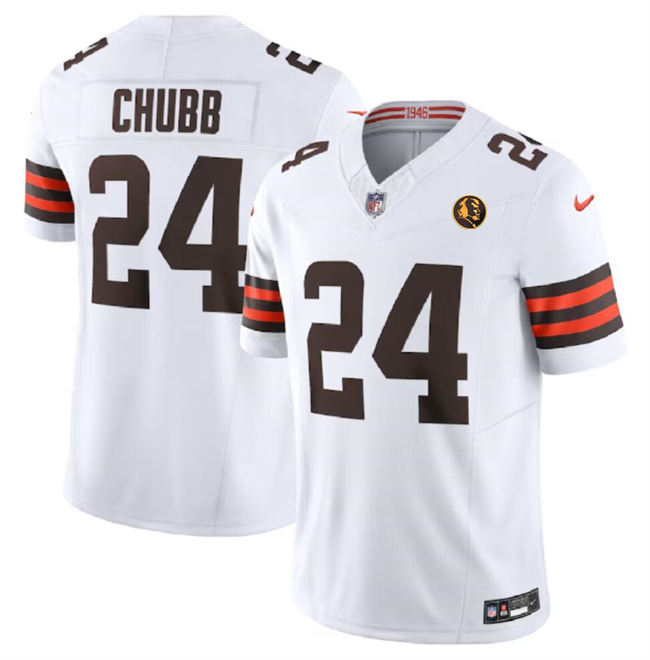Men's Cleveland Browns #24 Nick Chubb White 2023 F.U.S.E. With John Madden Patch Vapor Limited Stitched Football Jersey Men's Cleveland Browns #24 Nick Chubb White 2023 F.U.S.E. With John Madden Patch Vapor Limited Stitched Football Jersey