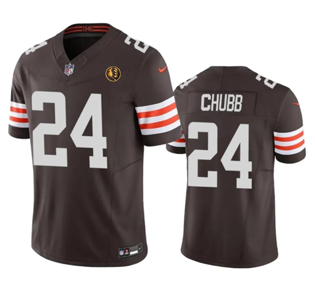 Men's Cleveland Browns #24 Nick Chubb Brown 2023 F.U.S.E. With John Madden Patch Vapor Limited Stitched Football Jersey Men's Cleveland Browns #24 Nick Chubb Brown 2023 F.U.S.E. With John Madden Patch Vapor Limited Stitched Football Jersey