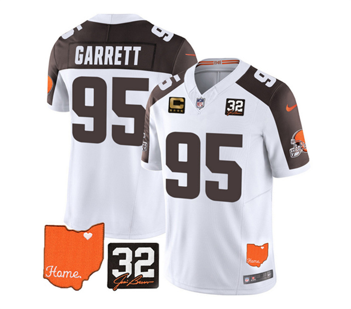 Men's Cleveland Browns #95 Myles Garrett White Brown 2023 F.U.S.E. With Jim Brown Memorial Patch And 4-Star C Patch Vapor Untouchable Limited Stitched Jersey Men's Cleveland Browns #95 Myles Garrett White Brown 2023 F.U.S.E. With Jim Brown Memorial Patch And 4-Star C Patch Vapor Untouchable Limited Stitched Jersey