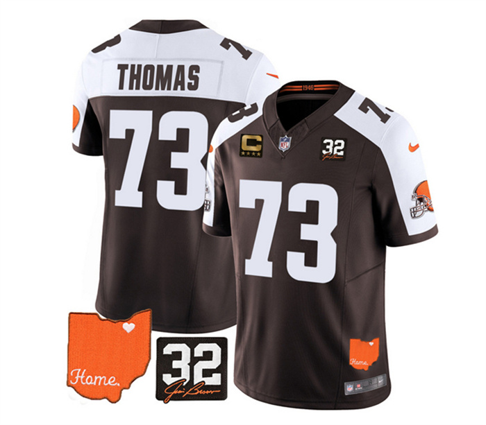 Men's Cleveland Browns #73 Joe Thomas Brown White 2023 F.U.S.E. With Jim Brown Memorial Patch And 4-Star C Patch Vapor Untouchable Limited Stitched Jersey Men's Cleveland Browns #73 Joe Thomas Brown White 2023 F.U.S.E. With Jim Brown Memorial Patch And 4-Star C Patch Vapor Untouchable Limited Stitched Jersey
