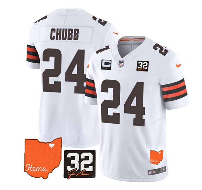 Men's Cleveland Browns #24 Nick Chubb White 2023 F.U.S.E. With Jim Brown Memorial Patch And 1-Star C Patch Vapor Untouchable Limited Stitched Jersey Men's Cleveland Browns #24 Nick Chubb White 2023 F.U.S.E. With Jim Brown Memorial Patch And 1-Star C Patch Vapor Untouchable Limited Stitched Jersey