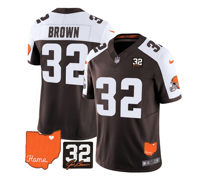 Men's Cleveland Browns #32 Jim Brown Brown White 2023 F.U.S.E. With Jim Brown Memorial Patch Vapor Untouchable Limited Stitched Jersey Men's Cleveland Browns #32 Jim Brown Brown White 2023 F.U.S.E. With Jim Brown Memorial Patch Vapor Untouchable Limited Stitched Jersey