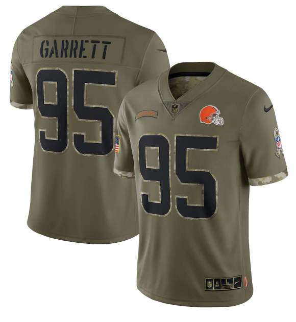 Men's Cleveland Browns #95 Myles Garrett Olive 2022 Salute To Service Limited Stitched Jersey Men's Cleveland Browns #95 Myles Garrett Olive 2022 Salute To Service Limited Stitched Jersey