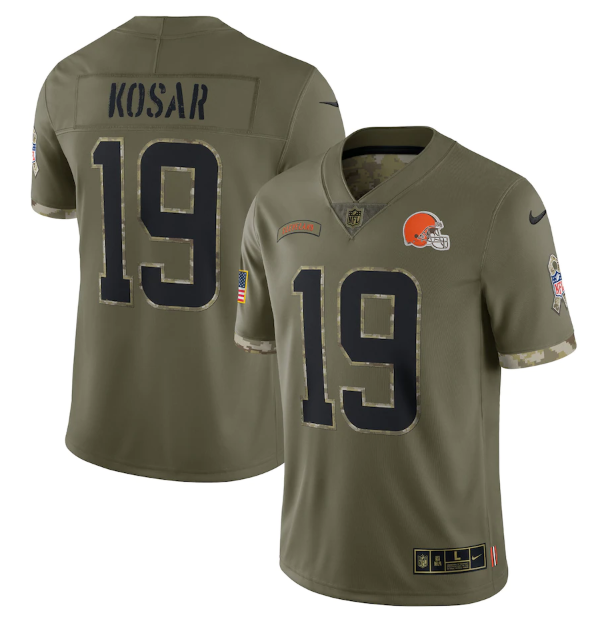 Men's Cleveland Browns #19 Bernie Kosar Olive 2022 Salute To Service Limited Stitched Jersey Men's Cleveland Browns #19 Bernie Kosar Olive 2022 Salute To Service Limited Stitched Jersey