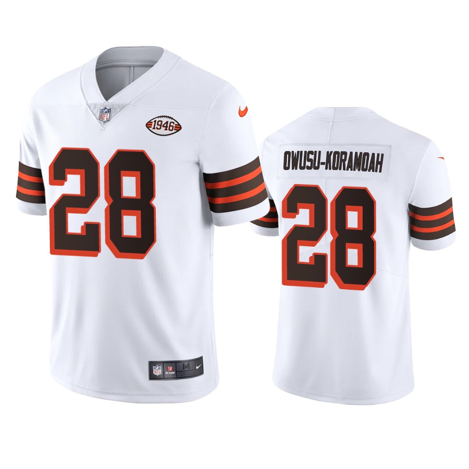 Cleveland Browns #28 Jeremiah Owusu-Koramoah Nike 1946 Collection Alternate Vapor Limited NFL Jersey - White Cleveland Browns #28 Jeremiah Owusu-Koramoah Nike 1946 Collection Alternate Vapor Limited NFL Jersey - White