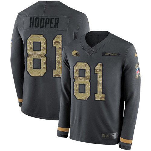 Nike Browns #81 Austin Hooper Anthracite Salute to Service Men's Stitched NFL Limited Therma Long Sleeve Jersey Nike Browns #81 Austin Hooper Anthracite Salute to Service Men's Stitched NFL Limited Therma Long Sleeve Jersey