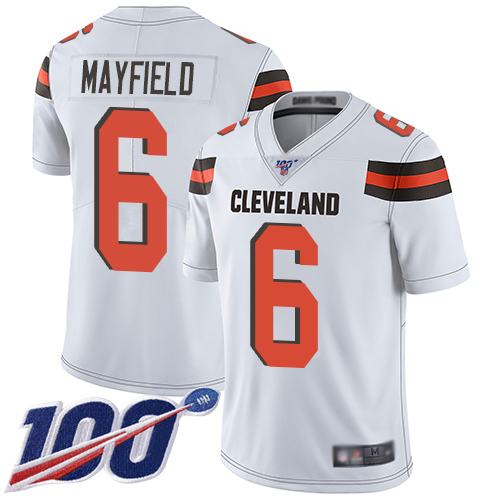 Nike Browns #6 Baker Mayfield White Men's Stitched Football 100th Season Vapor Limited Jersey Nike Browns #6 Baker Mayfield White Men's Stitched Football 100th Season Vapor Limited Jersey
