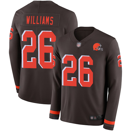 Browns #26 Greedy Williams Brown Team Color Men's Stitched Football Limited Therma Long Sleeve Jersey Browns #26 Greedy Williams Brown Team Color Men's Stitched Football Limited Therma Long Sleeve Jersey