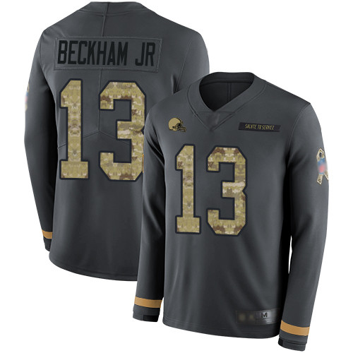 Browns #13 Odell Beckham Jr Anthracite Salute to Service Men's Stitched Football Limited Therma Long Sleeve Jersey Browns #13 Odell Beckham Jr Anthracite Salute to Service Men's Stitched Football Limited Therma Long Sleeve Jersey