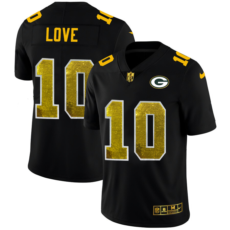 Green Bay Packers #10 Jordan Love Men's Black Nike Golden Sequin Vapor Limited NFL Jersey Green Bay Packers #10 Jordan Love Men's Black Nike Golden Sequin Vapor Limited NFL Jersey