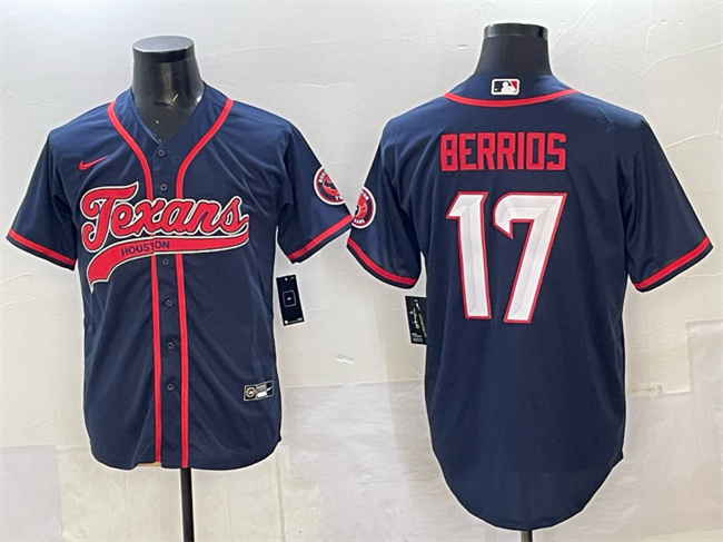 Men's Houston Texans #17 Braxton Berrios Navy With Patch Cool Base Stitched Baseball Jersey 1 Men's Houston Texans #17 Braxton Berrios Navy With Patch Cool Base Stitched Baseball Jersey 1