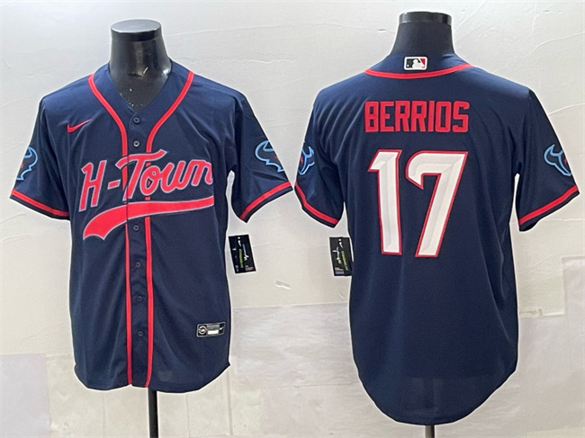 Men's Houston Texans #17 Braxton Berrios Navy With Patch Cool Base Stitched Baseball Jersey