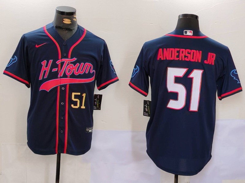 Men's Houston Texans #51 Will Anderson Jr. Navy With Patch Cool Base Stitched Baseball Jersey 1
