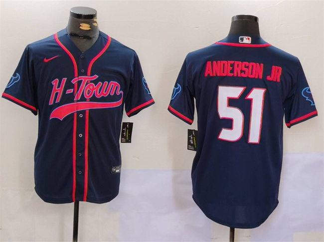 Men's Houston Texans #51 Will Anderson Jr. Navy With Patch Cool Base Stitched Baseball Jersey Men's Houston Texans #51 Will Anderson Jr. Navy With Patch Cool Base Stitched Baseball Jersey
