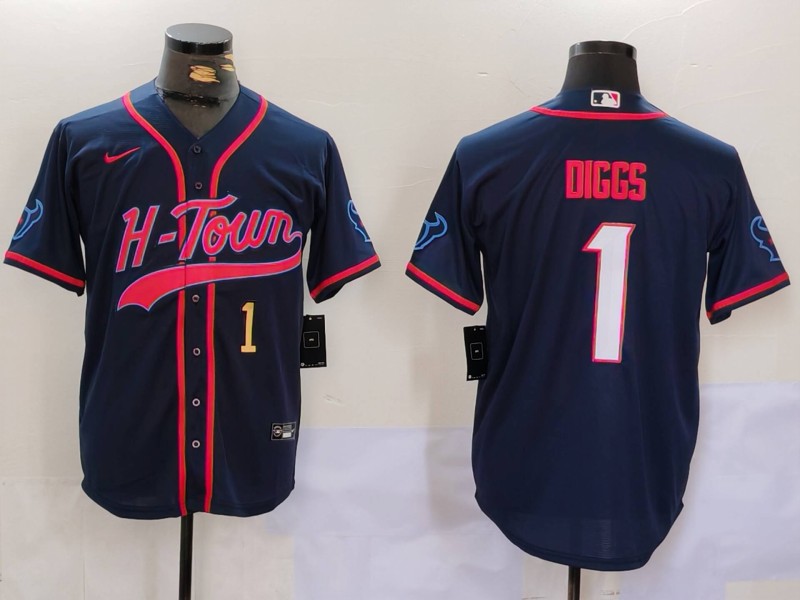 Men's Houston Texans #1 Stefon Diggs Navy With Patch Cool Base Stitched Baseball Jersey 2 Men's Houston Texans #1 Stefon Diggs Navy With Patch Cool Base Stitched Baseball Jersey 2