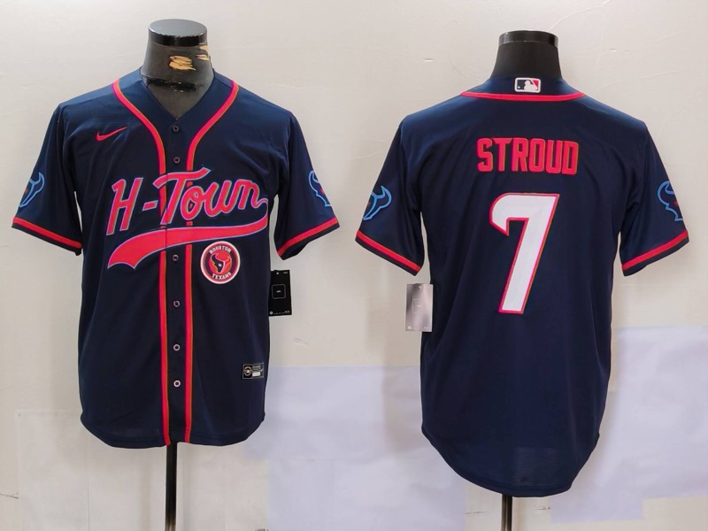 Men's Houston Texans #7 C.J. Stroud Navy With Patch Cool Base Stitched Baseball Jersey 2 Men's Houston Texans #7 C.J. Stroud Navy With Patch Cool Base Stitched Baseball Jersey 2