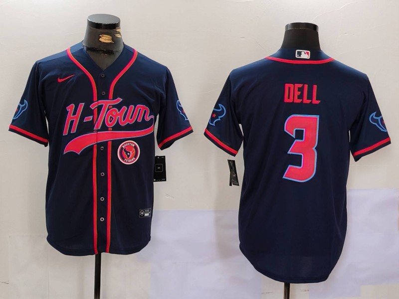 Men's Houston Texans #3 Tank Dell Navy With Patch Cool Base Stitched Baseball Jersey 2