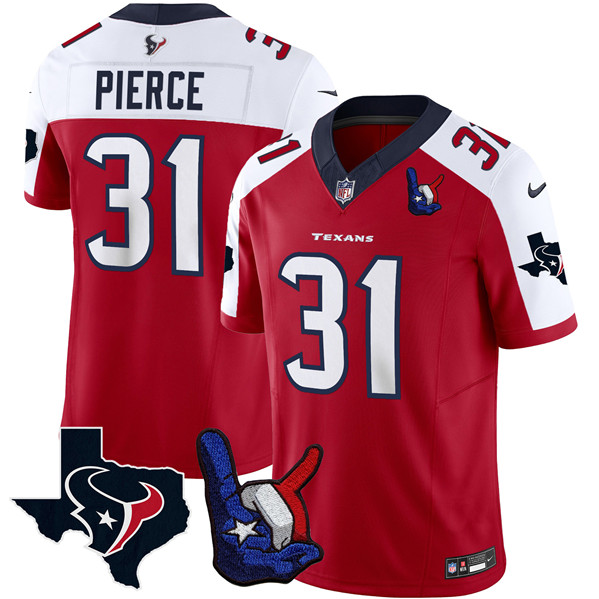 Men's Houston Texans #31 Dameon Pierce Red White 2023 F.U.S.E. With Hand Sign Throwing Up The H Patch Vapor Untouchable Limited Stitched Football Jersey Men's Houston Texans #31 Dameon Pierce Red White 2023 F.U.S.E. With Hand Sign Throwing Up The H Patch Vapor Untouchable Limited Stitched Football Jersey
