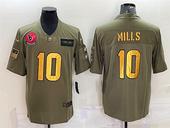 Men's Houston Texans #10 Davis Mills Olive Gold Salute To Service Limited Stitched Jersey Men's Houston Texans #10 Davis Mills Olive Gold Salute To Service Limited Stitched Jersey