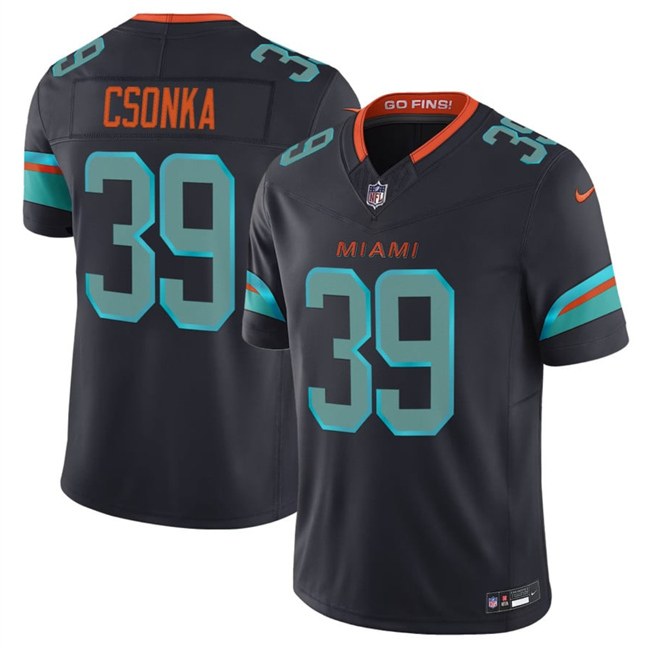 Men's Miami Dolphins #39 Larry Csonka Black 2025 F.U.S.E. “Rivalries” Vapor Limited Stitched Football Jersey Men's Miami Dolphins #39 Larry Csonka Black 2025 F.U.S.E. “Rivalries” Vapor Limited Stitched Football Jersey