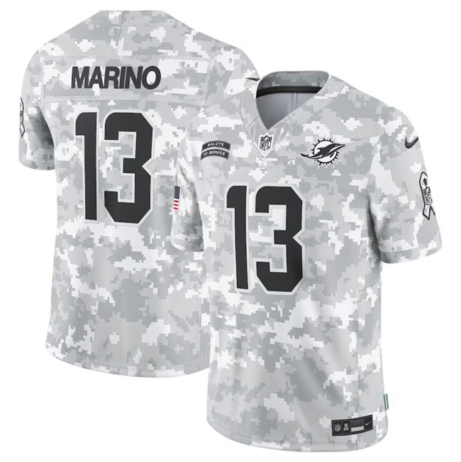 Men's Miami Dolphins #13 Dan Marino 2024 Arctic Camo Salute To Service Limited Stitched Football Jersey Men's Miami Dolphins #13 Dan Marino 2024 Arctic Camo Salute To Service Limited Stitched Football Jersey