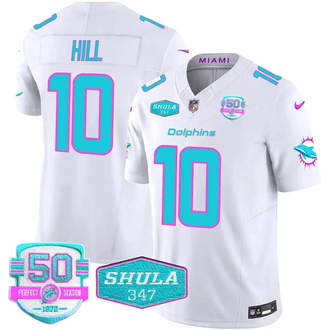 Men's Miami Dolphins #10 Tyreek Hill White F.U.S.E With 347 Shula Patch And 50th Perfect Season Patch Vapor Limited Stitched Football Jersey Men's Miami Dolphins #10 Tyreek Hill White F.U.S.E With 347 Shula Patch And 50th Perfect Season Patch Vapor Limited Stitched Football Jersey