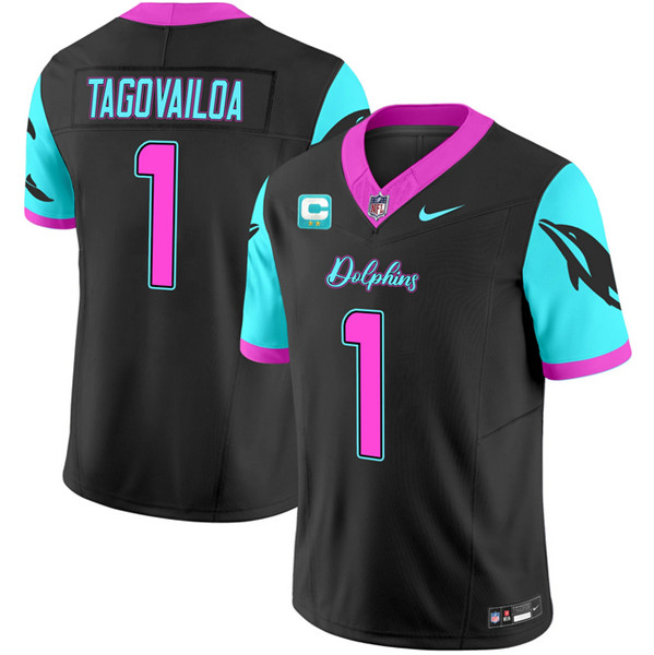 Men's Miami Dolphins #1 Tua Tagovailoa Black F.U.S.E. With 2-Star C Patch Miami Vice Vapor Limited Stitched Football Jersey Men's Miami Dolphins #1 Tua Tagovailoa Black F.U.S.E. With 2-Star C Patch Miami Vice Vapor Limited Stitched Football Jersey