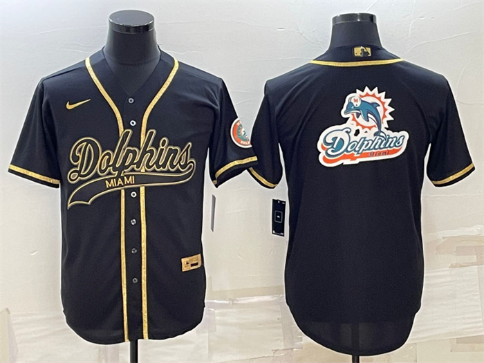 Men's Miami Dolphins Black Gold Team Big Logo With Patch Cool Base Stitched Baseball Jersey Men's Miami Dolphins Black Gold Team Big Logo With Patch Cool Base Stitched Baseball Jersey