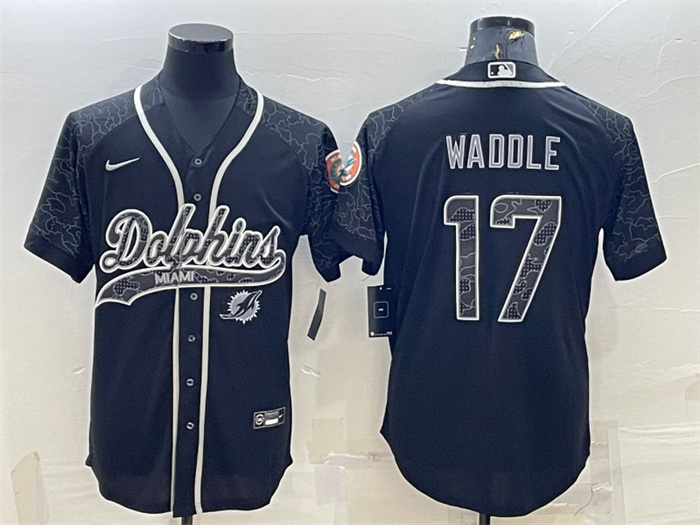 Men's Miami Dolphins #17 Jaylen Waddle Black Reflective With Patch Cool Base Stitched Baseball Jersey Men's Miami Dolphins #17 Jaylen Waddle Black Reflective With Patch Cool Base Stitched Baseball Jersey