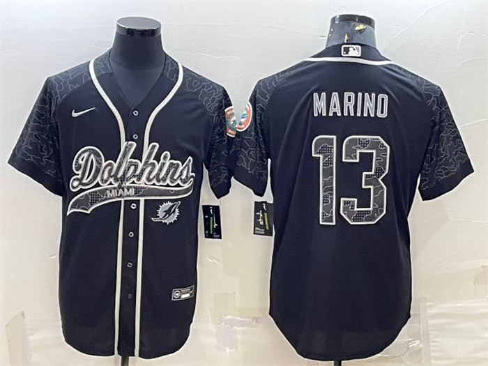 Men's Miami Dolphins #13 Dan Marino Black Reflective With Patch Cool Base Stitched Baseball Jersey Men's Miami Dolphins #13 Dan Marino Black Reflective With Patch Cool Base Stitched Baseball Jersey