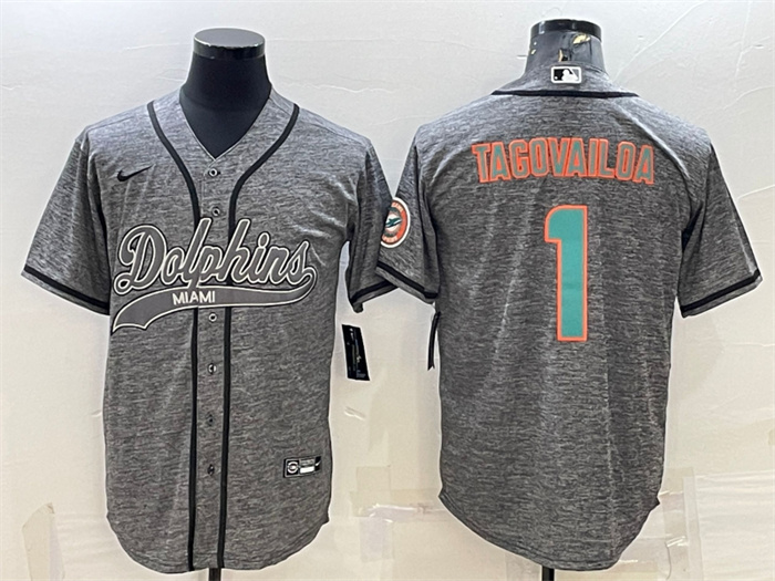 Men's Miami Dolphins #1 Tua Tagovailoa Grey With Patch Cool Base Stitched Baseball Jersey Men's Miami Dolphins #1 Tua Tagovailoa Grey With Patch Cool Base Stitched Baseball Jersey