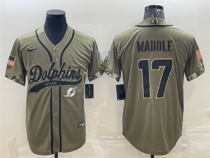 Men's Miami Dolphins #17 Jaylen Waddle Olive 2022 Salute To Service Cool Base Stitched Baseball Jersey Men's Miami Dolphins #17 Jaylen Waddle Olive 2022 Salute To Service Cool Base Stitched Baseball Jersey