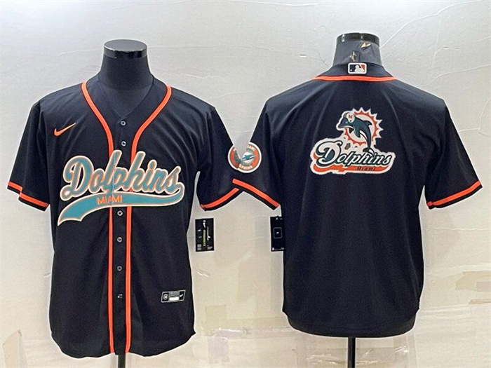 Men's Miami Dolphins Black Team Big Logo With Patch Cool Base Stitched Baseball Jersey Men's Miami Dolphins Black Team Big Logo With Patch Cool Base Stitched Baseball Jersey