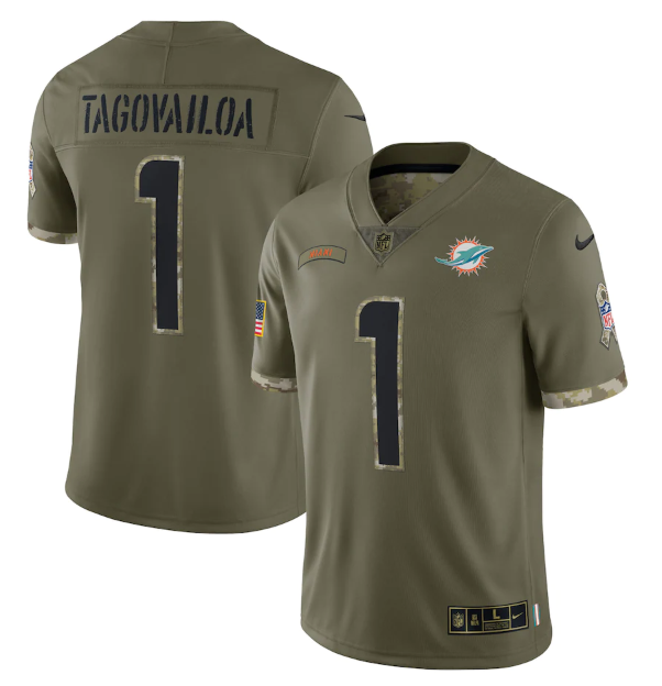 Men's Miami Dolphins #1 Tua Tagovailoa Olive 2022 Salute To Service Limited Stitched Jersey Men's Miami Dolphins #1 Tua Tagovailoa Olive 2022 Salute To Service Limited Stitched Jersey