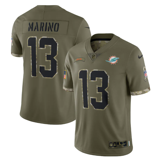 Men's Miami Dolphins #13 Dan Marino Olive 2022 Salute To Service Limited Stitched Jersey Men's Miami Dolphins #13 Dan Marino Olive 2022 Salute To Service Limited Stitched Jersey