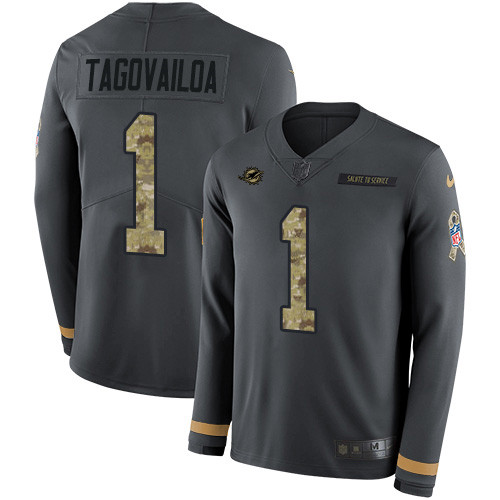 Nike Dolphins #1 Tua Tagovailoa Anthracite Salute to Service Men's Stitched NFL Limited Therma Long Sleeve Jersey Nike Dolphins #1 Tua Tagovailoa Anthracite Salute to Service Men's Stitched NFL Limited Therma Long Sleeve Jersey