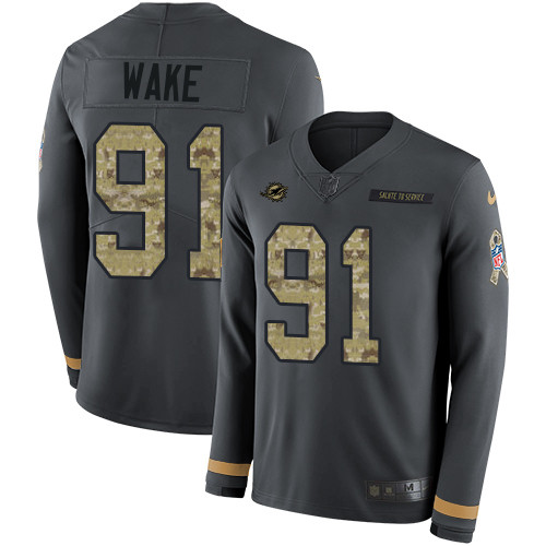 Nike Dolphins #91 Cameron Wake Anthracite Salute to Service Men's Stitched NFL Limited Therma Long Sleeve Jersey Nike Dolphins #91 Cameron Wake Anthracite Salute to Service Men's Stitched NFL Limited Therma Long Sleeve Jersey
