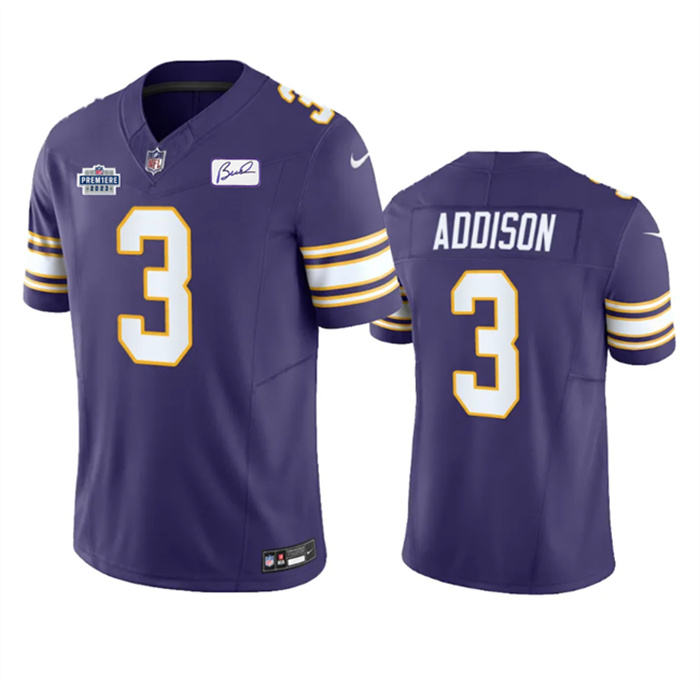 Men's Minnesota Vikings #3 Jordan Addison Purple 2023 F.U.S.E. With Prem1ere Patch And Bud Grant Patch Vapor Untouchable Limited Stitched Football Jersey Men's Minnesota Vikings #3 Jordan Addison Purple 2023 F.U.S.E. With Prem1ere Patch And Bud Grant Patch Vapor Untouchable Limited Stitched Football Jersey