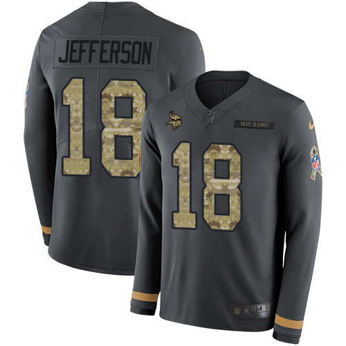 Nike Vikings #18 Justin Jefferson Anthracite Salute to Service Men's Stitched NFL Limited Therma Long Sleeve Jersey Nike Vikings #18 Justin Jefferson Anthracite Salute to Service Men's Stitched NFL Limited Therma Long Sleeve Jersey