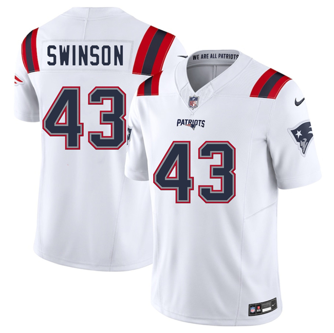 Men's New England Patriots #43 Bradyn Swinson White 2025 F.U.S.E. Vapor Limited Stitched Football Jersey Men's New England Patriots #43 Bradyn Swinson White 2025 F.U.S.E. Vapor Limited Stitched Football Jersey