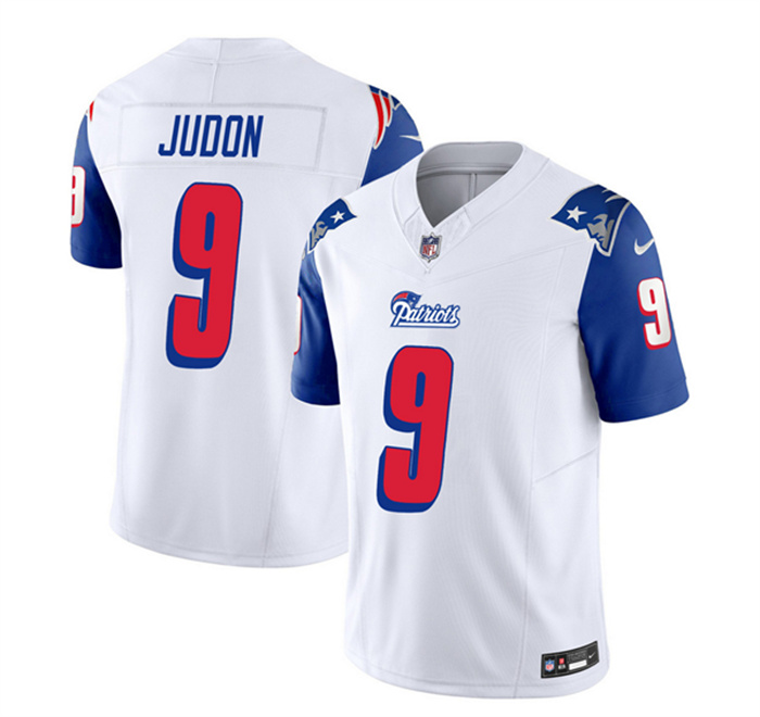 Men's New England Patriots #9 Matthew Judon White Blue 2023 F.U.S.E. Throwback Limited Stitched Football Jersey Men's New England Patriots #9 Matthew Judon White Blue 2023 F.U.S.E. Throwback Limited Stitched Football Jersey