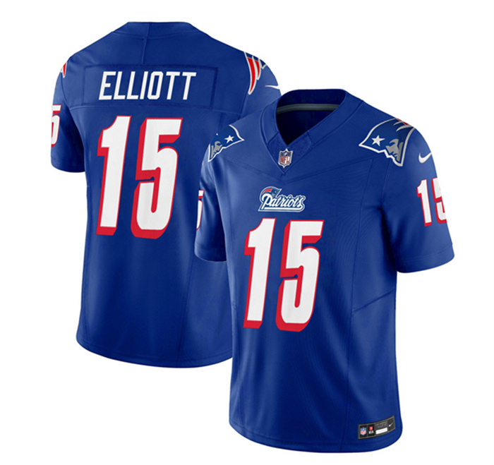 Men's New England Patriots #15 Ezekiel Elliott Blue 2023 F.U.S.E. Throwback Limited Stitched Football Jersey Men's New England Patriots #15 Ezekiel Elliott Blue 2023 F.U.S.E. Throwback Limited Stitched Football Jersey